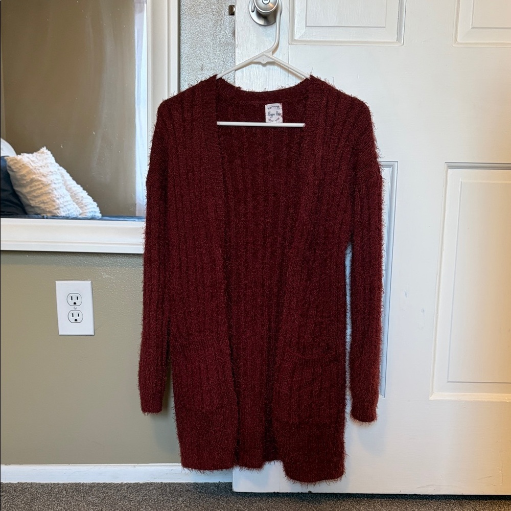 Hippie Rose Burgundy Open-Front Long Sweater Cardigan